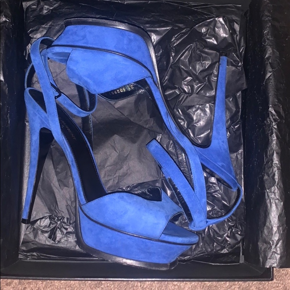 SAINT LAURENT TRIBUTE LIPS BLUE HEELS